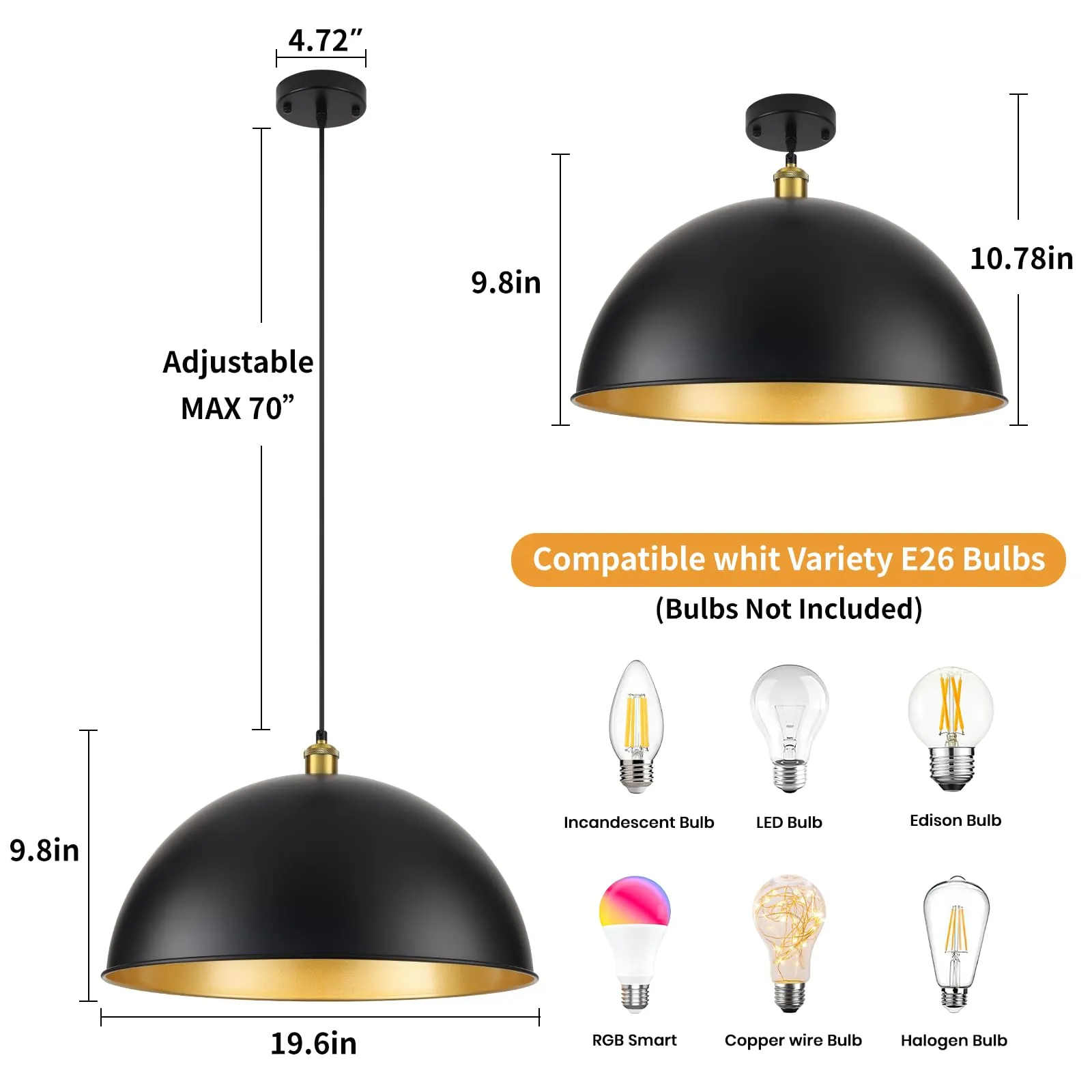 20" Black Vintage Large Farmhouse Pendant Light 2-Pack - Image 3