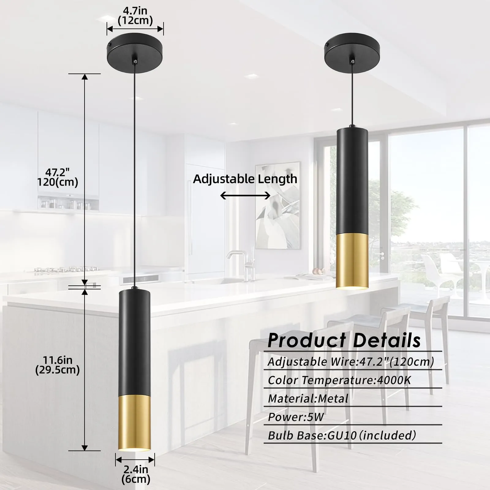 Black and Gold Modern Pendant Light 4000K 2-Pack - Image 4