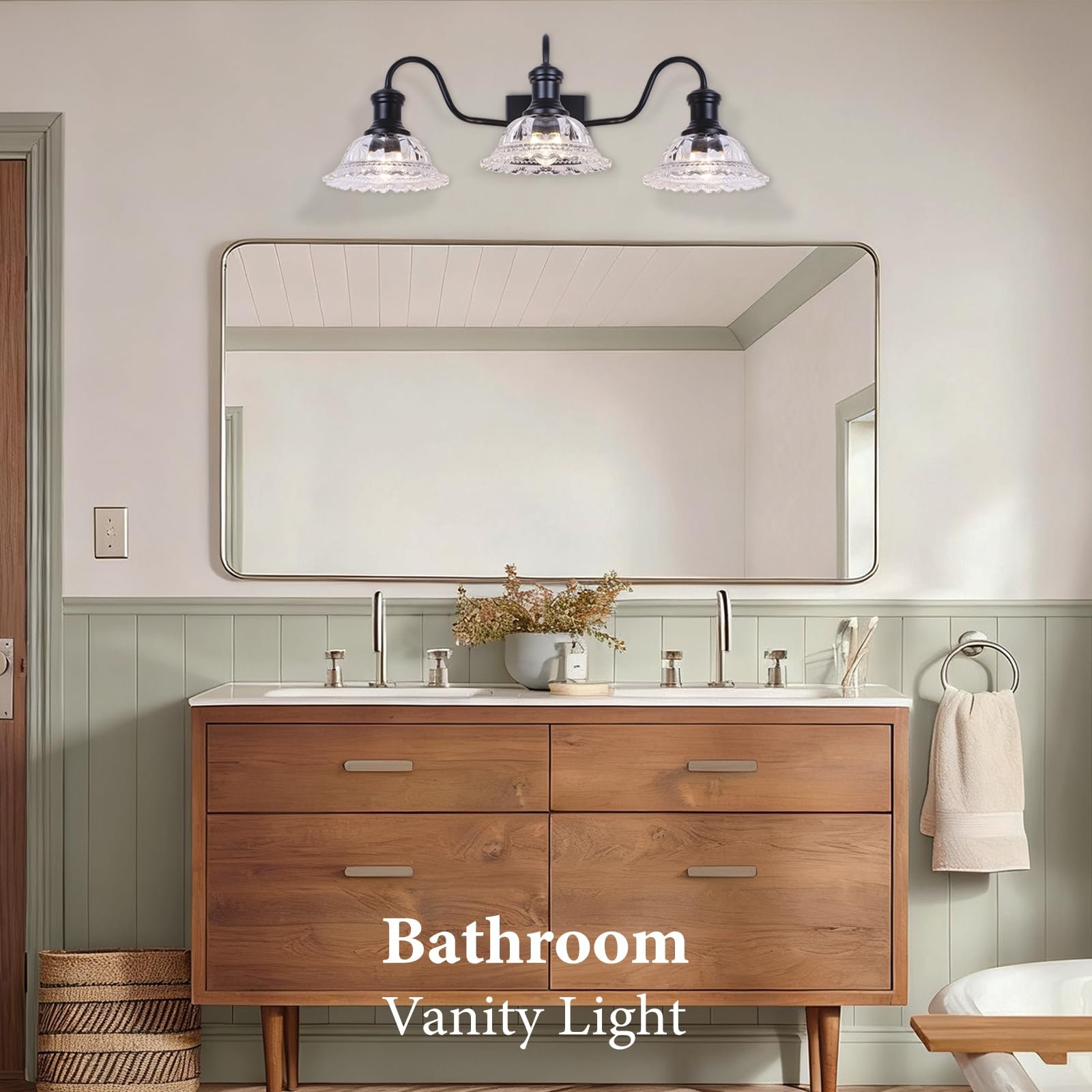 Vintage 3-Light Matte Black Vanity Light with Flower Glass Shade - Image 7