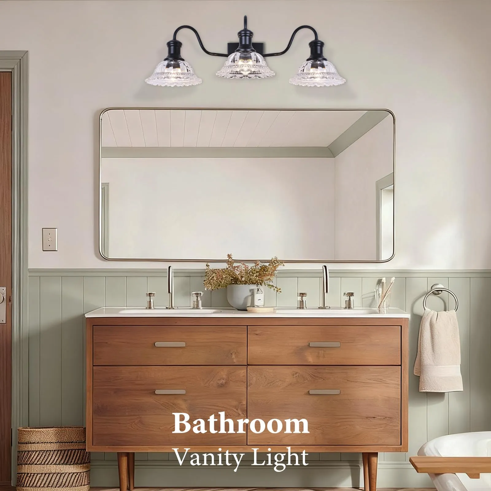Vintage 3-Light Matte Black Vanity Light with Flower Glass Shade - Image 7