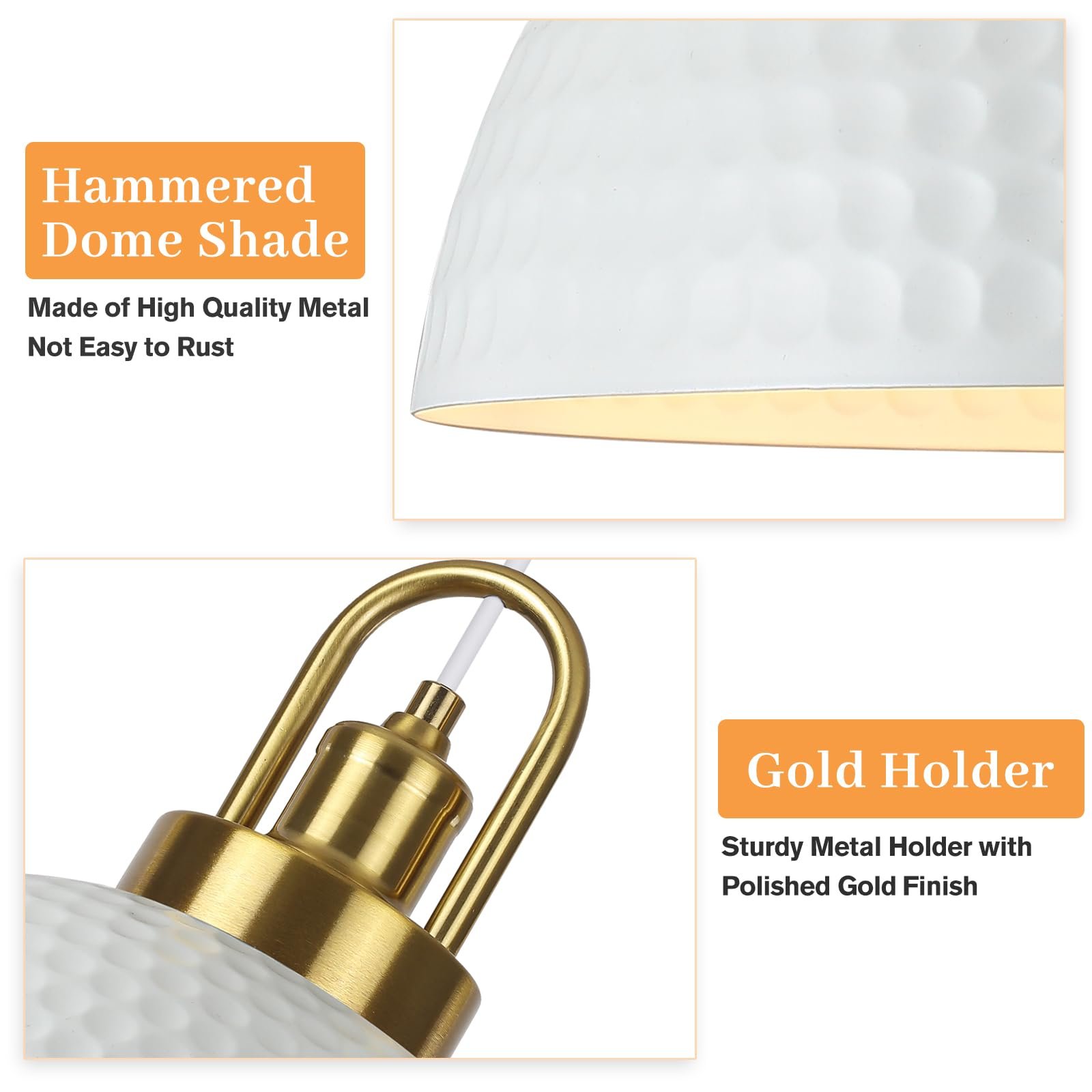 White Hammered Pendant Light 11.8" with Gold Holder 2-Pack - Image 3
