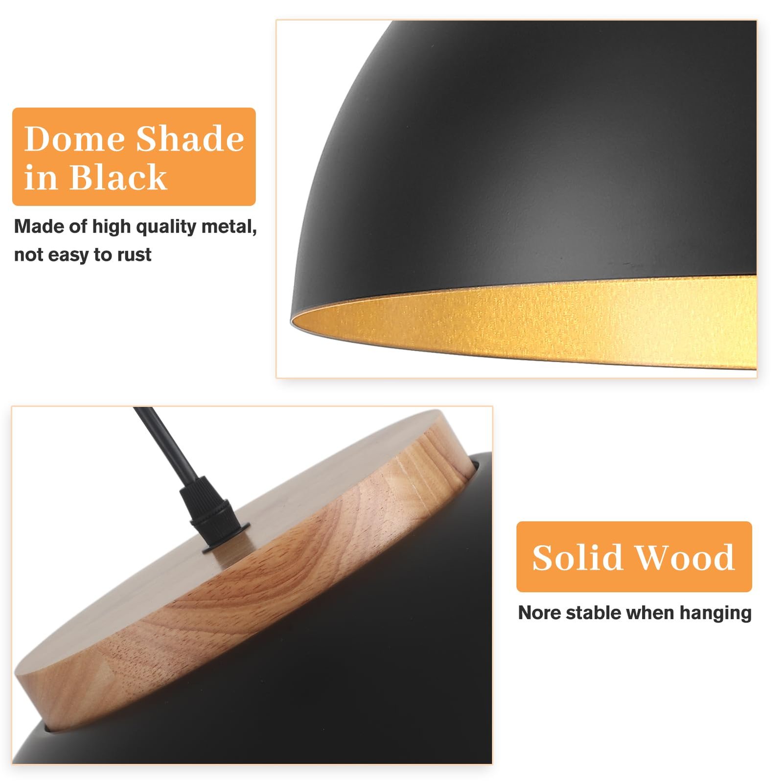 Black Large Farmhouse Pendant Light 16" with Wooden Holder 2-Pack - Image 3