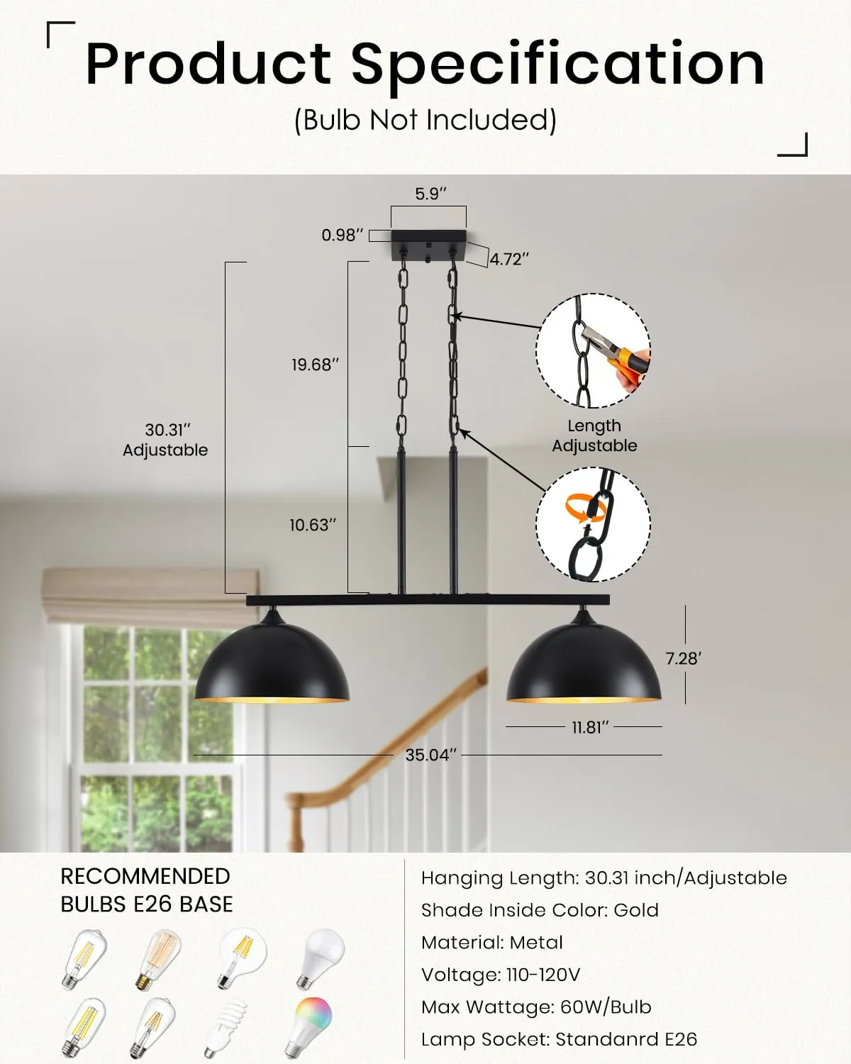 Black Modern 2-Light Dome Island Pendant Light - Image 3
