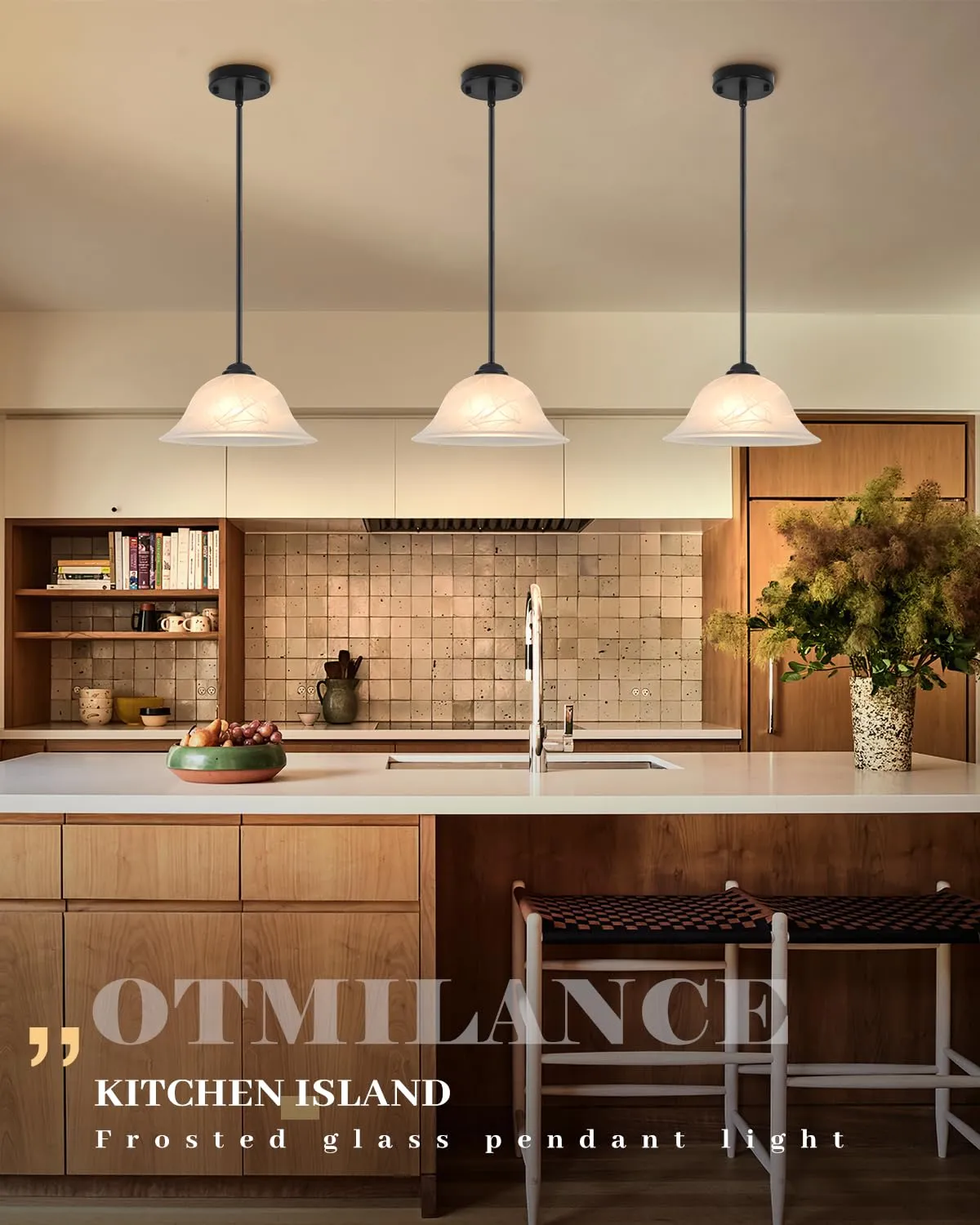 Black Farmhouse Alabaster Glass Pendant Light 11.8" with Rod - Image 2