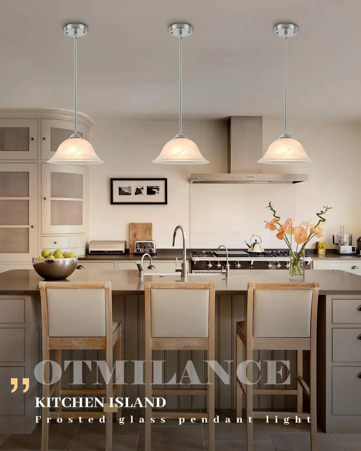 Chrome Farmhouse Frosted Glass Pendant Light 11.8" with Rod 2-Pack - Image 6
