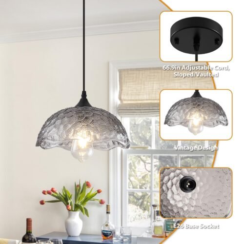 Gray Vintage Pendant Light with Glass Shade
