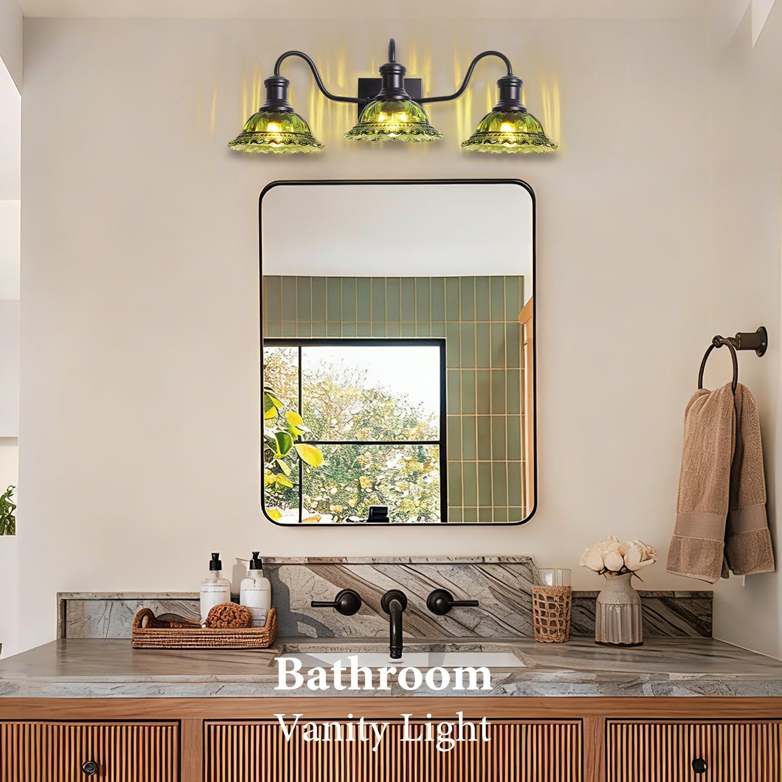 Vintage 3-Light Black Bathroom Light with Green Glass Shade - Image 6