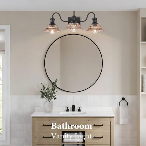 Farmhouse 3-Light Black Bathroom Light with Amber Glass Shade