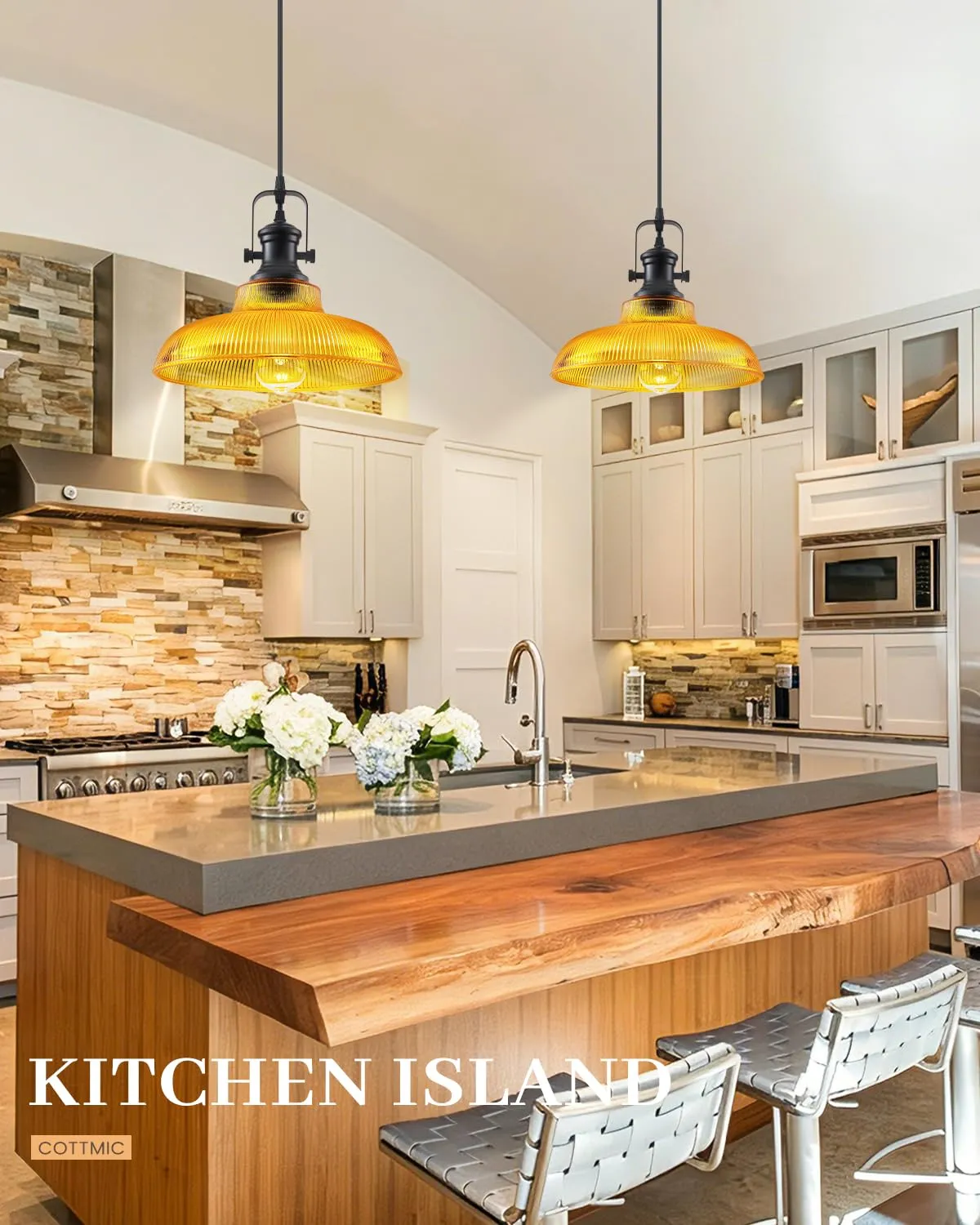 12" Orange Ribbed Glass Farmhouse Pendant Light 2-Pack - Image 5