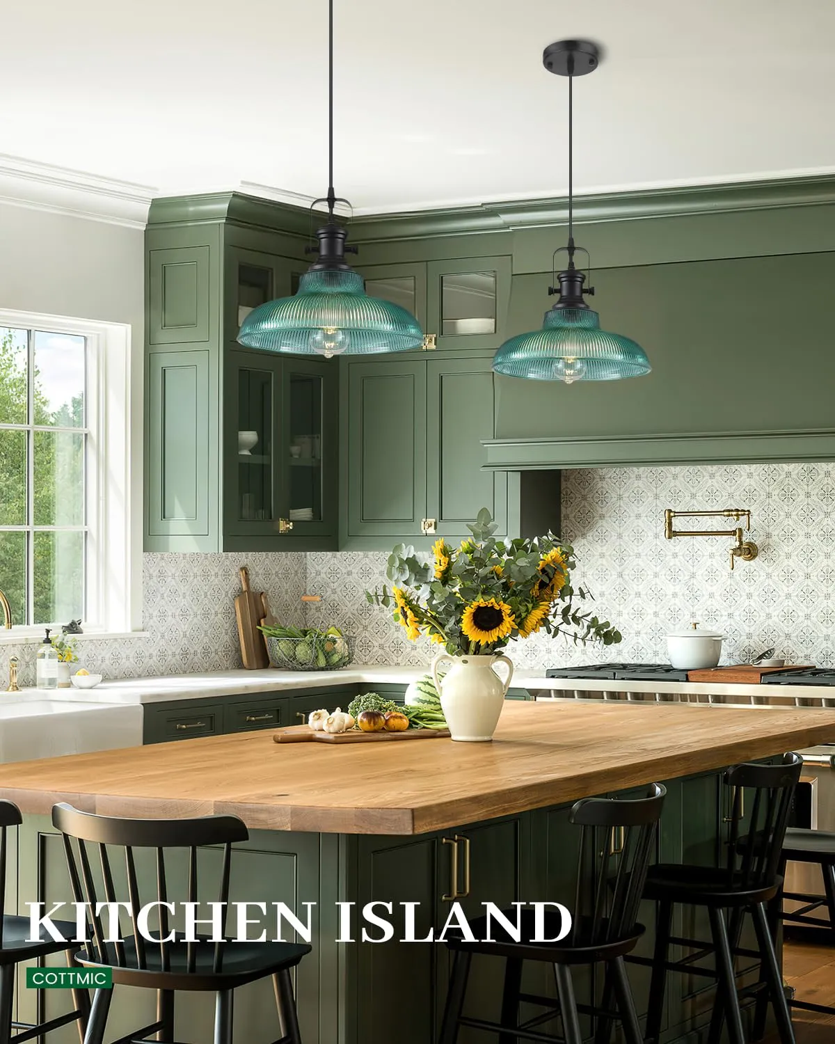 12" Green Ribbed Glass Farmhouse Pendant Light 2-Pack - Image 5
