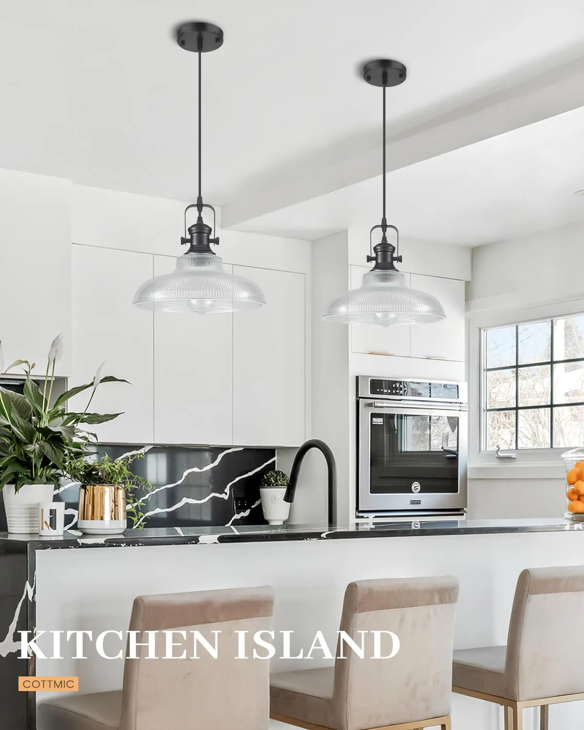12" Black Ribbed Glass Farmhouse Pendant Light 3-Pack - Image 3