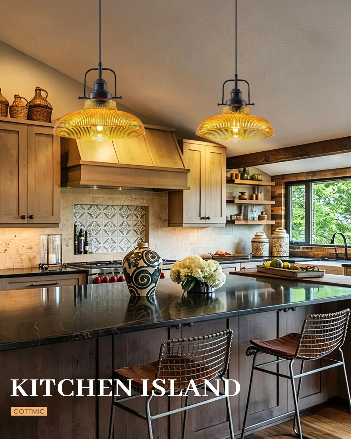12" Orange Ribbed Glass Farmhouse Pendant Light 2-Pack - Image 2