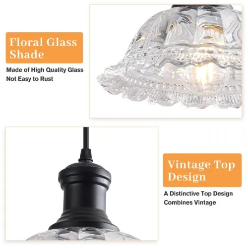 Black Vintage Farmhouse Pendant Light with Flower Glass Shade