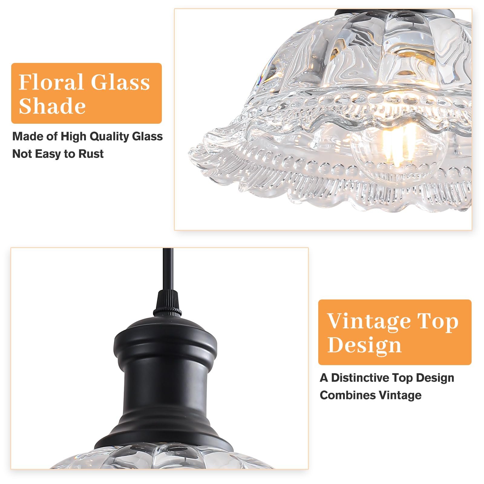 Black Vintage Farmhouse Pendant Light with Flower Glass Shade - Image 2