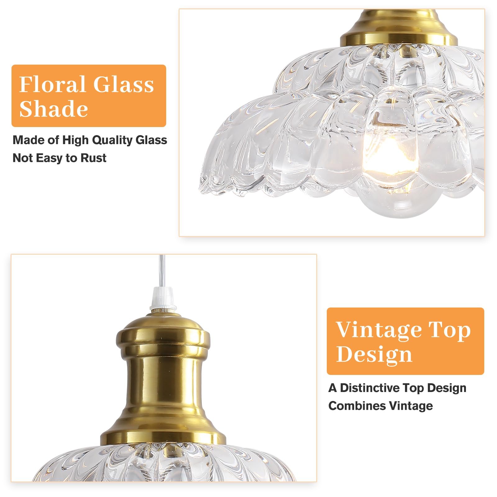 Gold Antique Pendant Light with Flower Glass Shade - Image 8