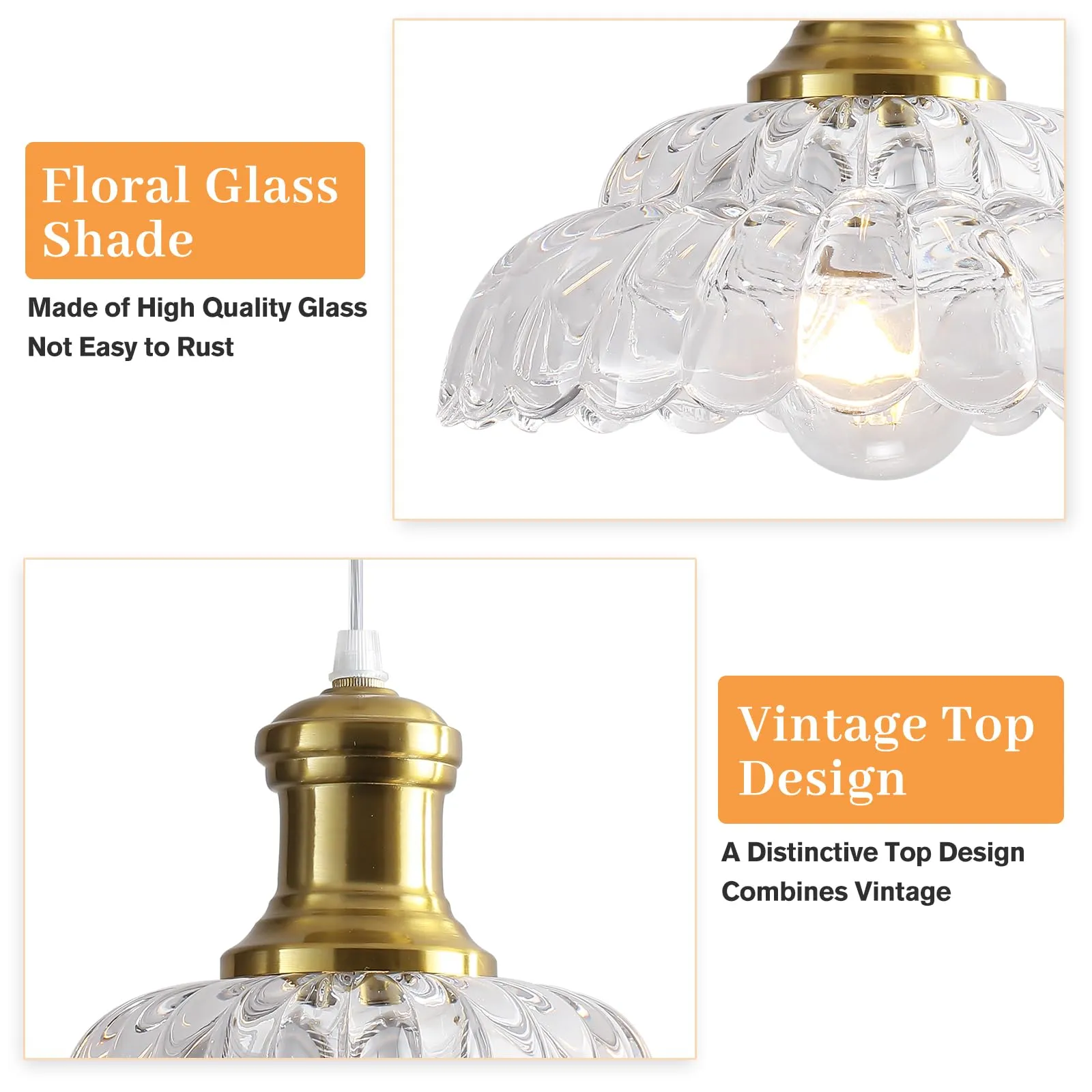 Gold Antique Pendant Light with Flower Glass Shade - Image 8