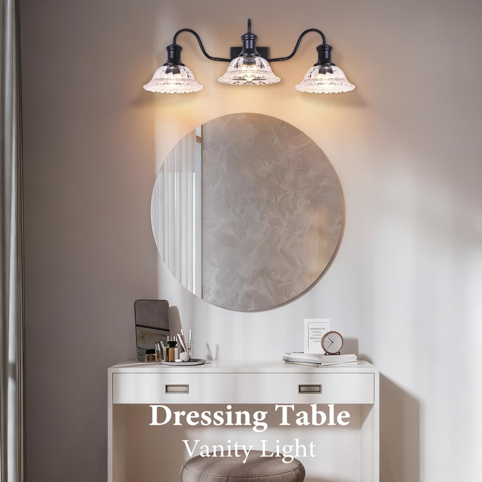 Vintage 3-Light Matte Black Vanity Light with Flower Glass Shade - Image 6
