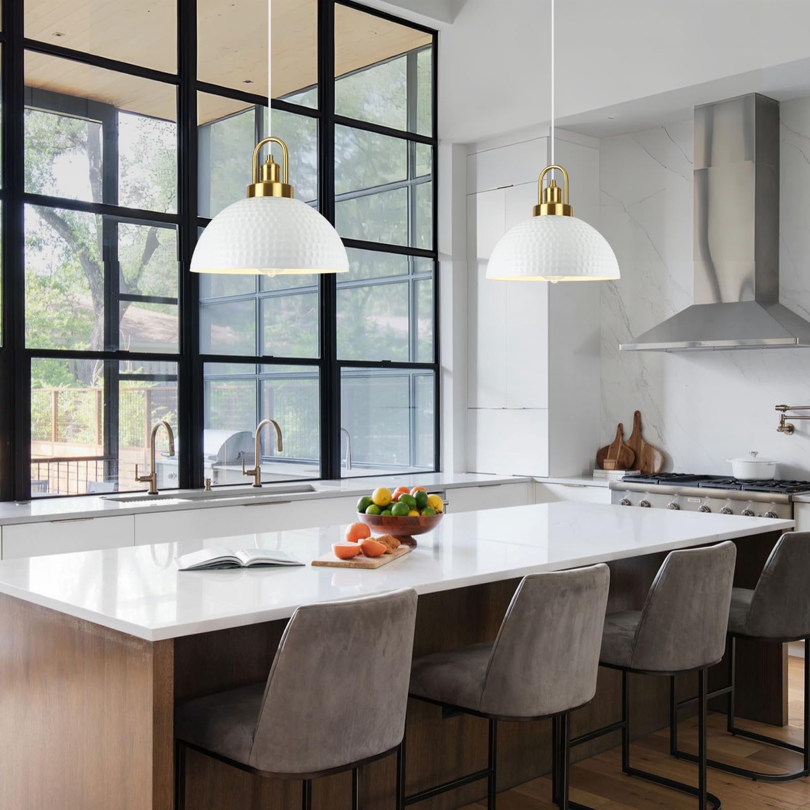 White Hammered Pendant Light 11.8" with Gold Holder 2-Pack - Image 2