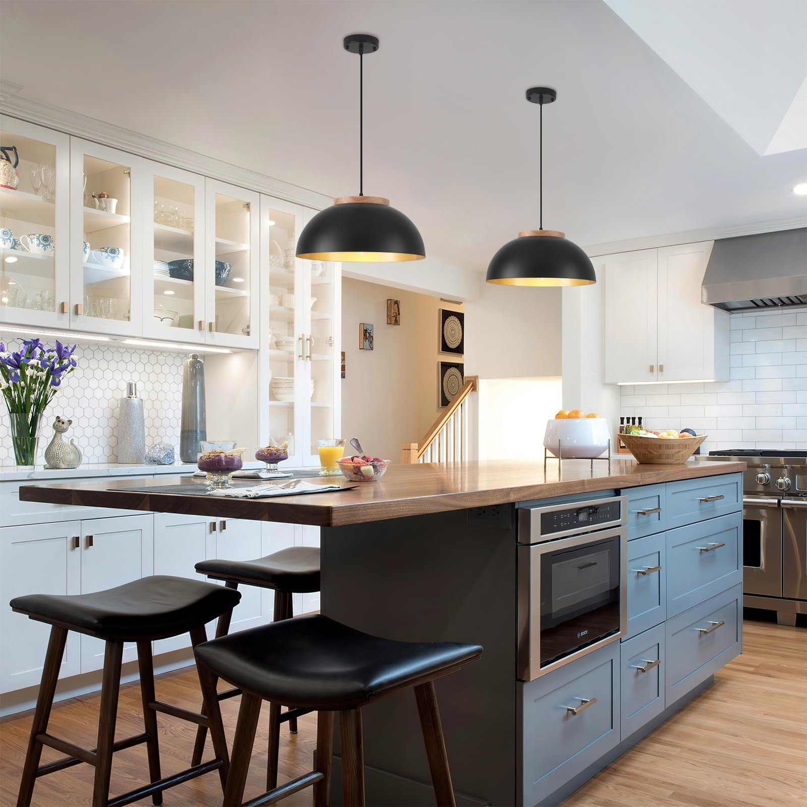 Black Large Farmhouse Pendant Light 16" with Wooden Holder 2-Pack - Image 2