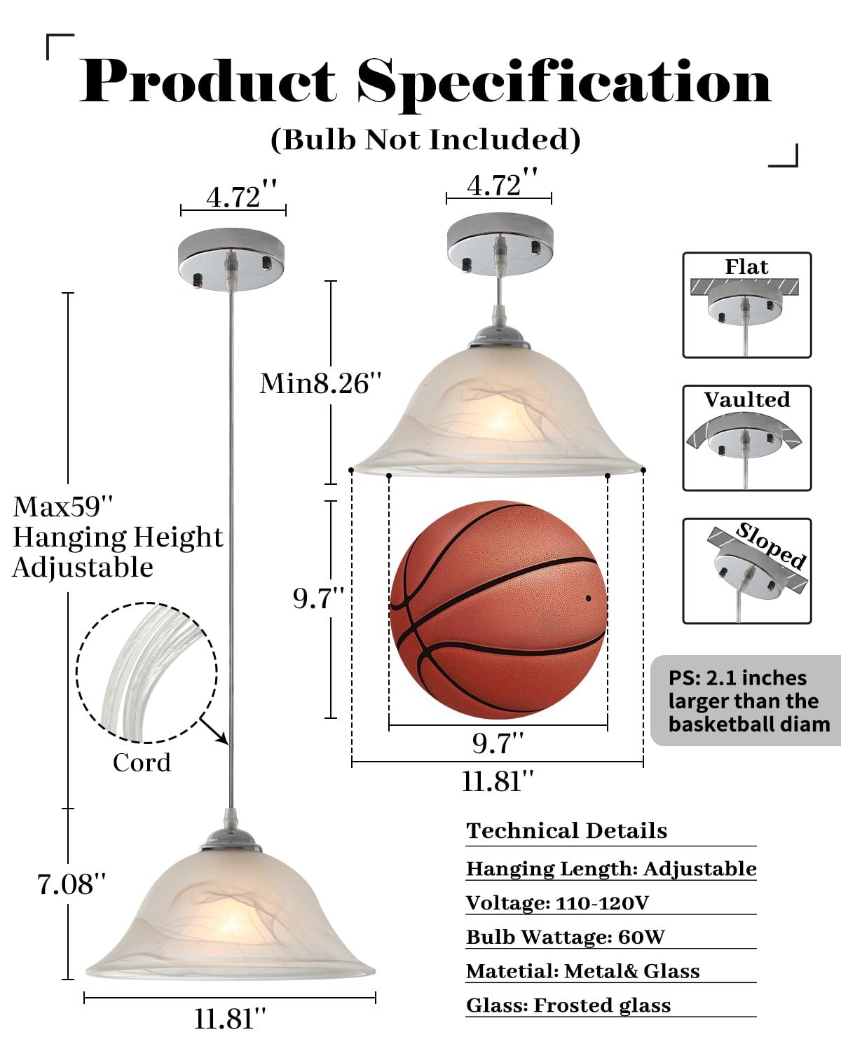 Chrome Farmhouse Frosted Glass Pendant Light 11.8" - Image 2