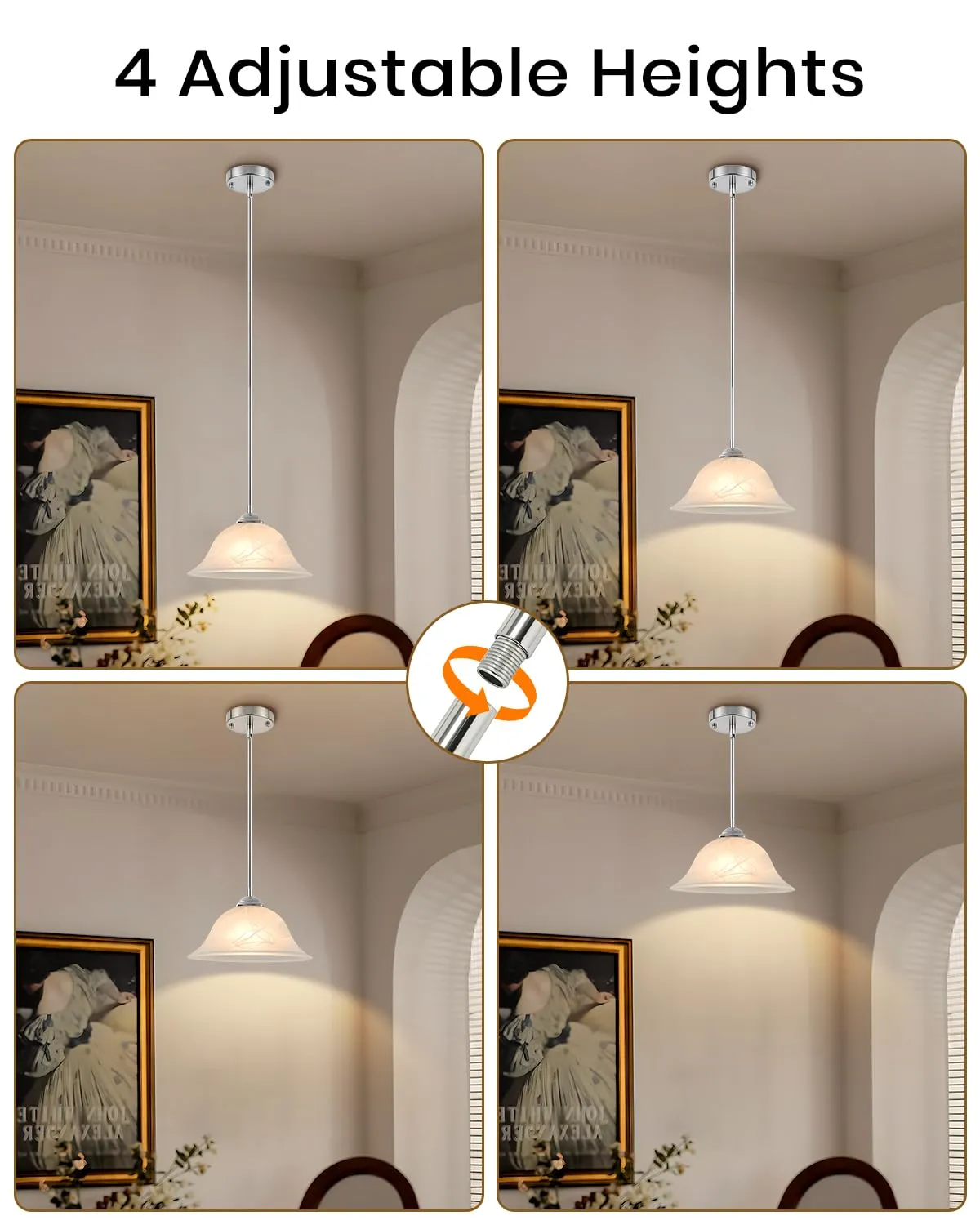 Chrome Farmhouse Frosted Glass Pendant Light 11.8" with Rod 2-Pack - Image 2