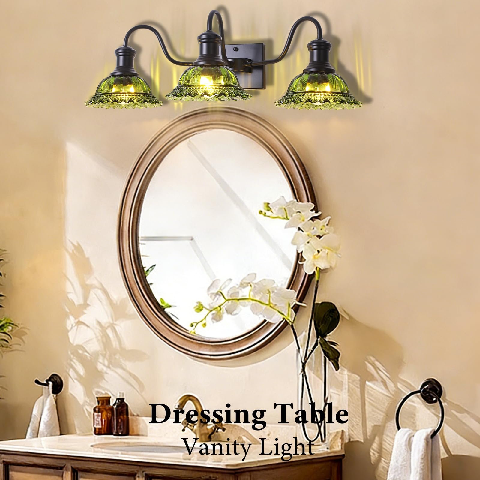 Vintage 3-Light Black Bathroom Light with Green Glass Shade - Image 5