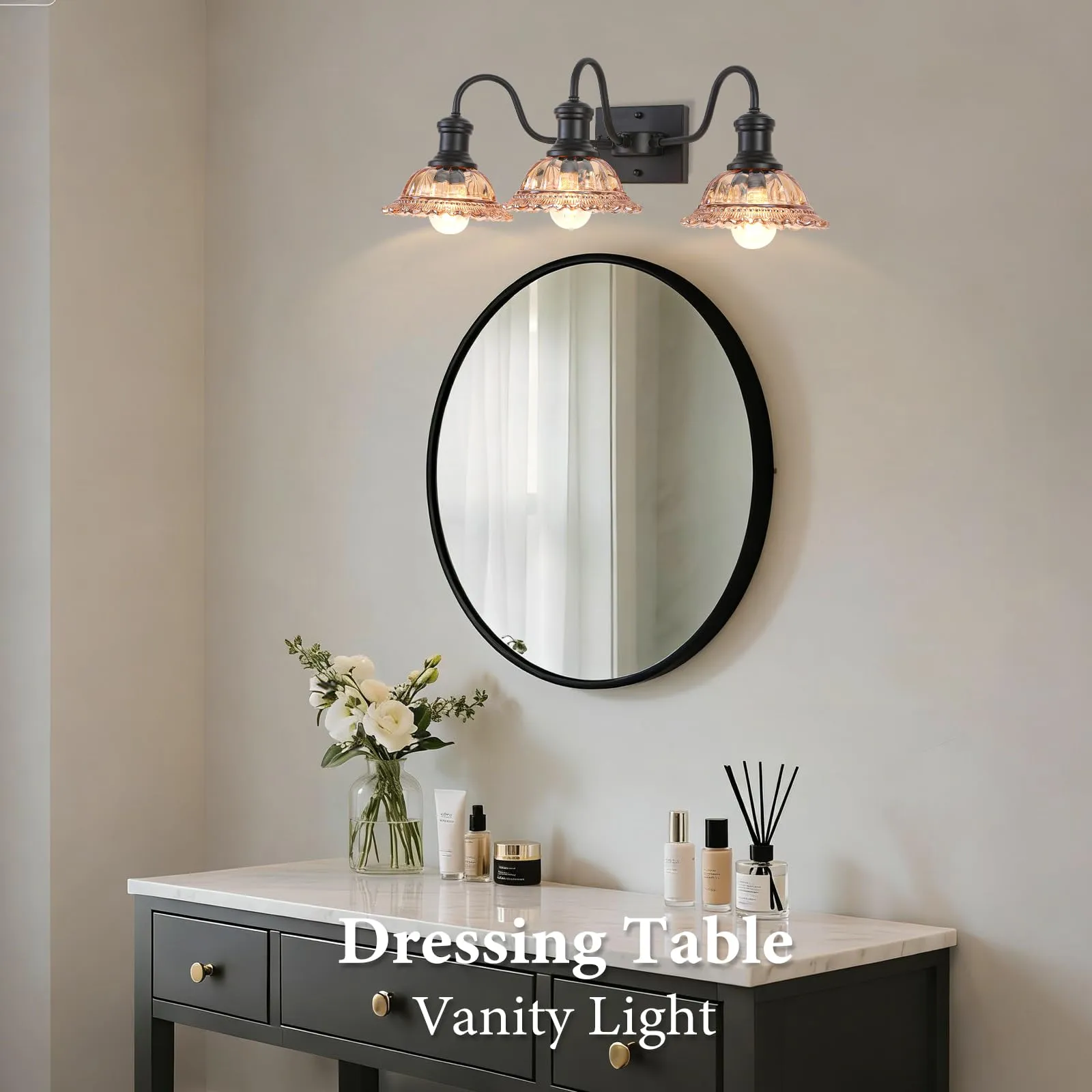 Farmhouse 3-Light Black Bathroom Light with Amber Glass Shade - Image 8