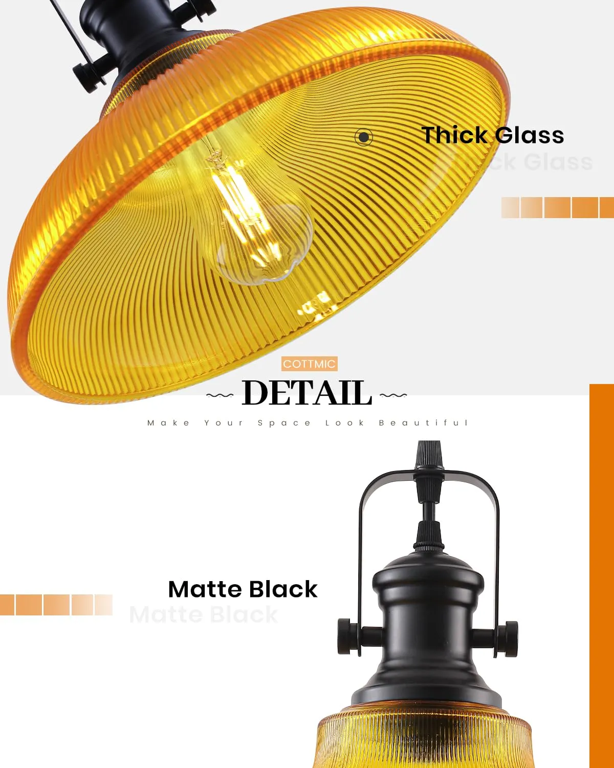 12" Orange Ribbed Glass Farmhouse Pendant Light - Image 7