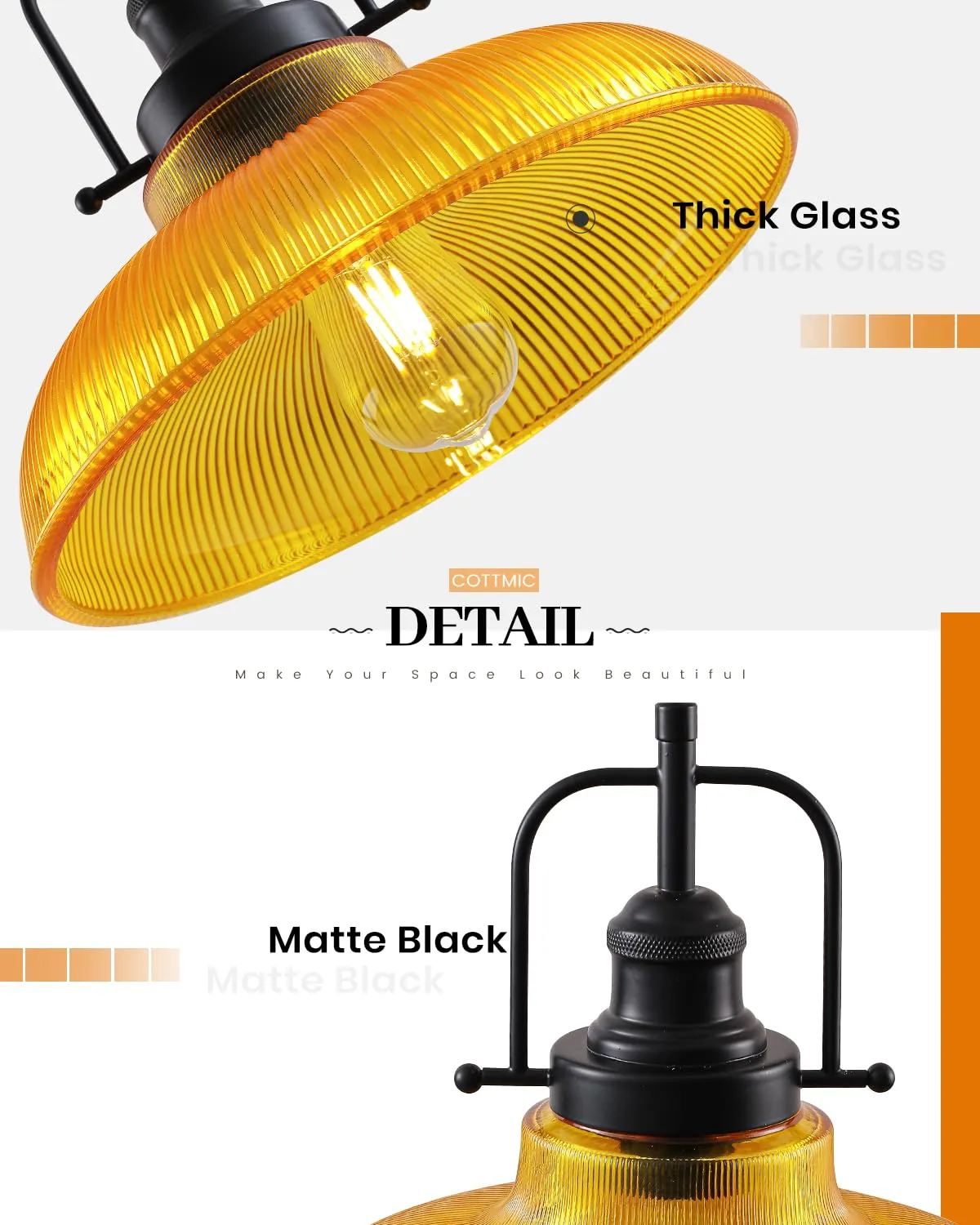 12" Orange Ribbed Glass Farmhouse Pendant Light 2-Pack - Image 5