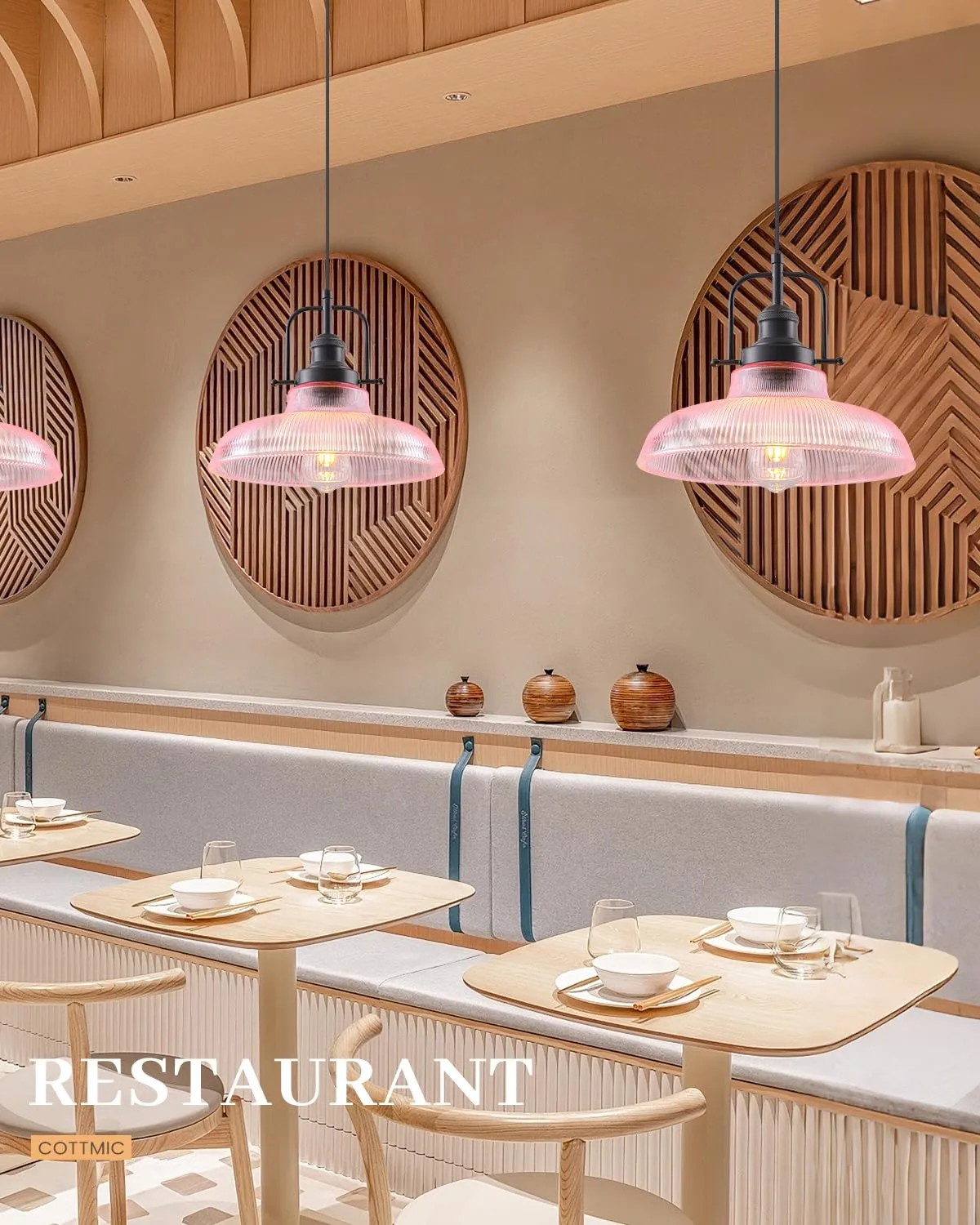 12" Pink Ribbed Glass Farmhouse Pendant Light - Image 5