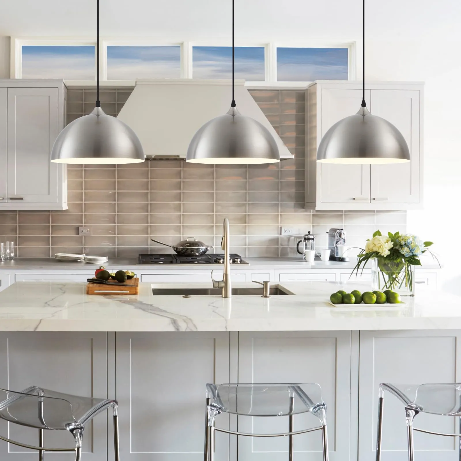 11.8" Brushed Nickel Farmhouse Dome Pendant Light 3-Pack - Image 6