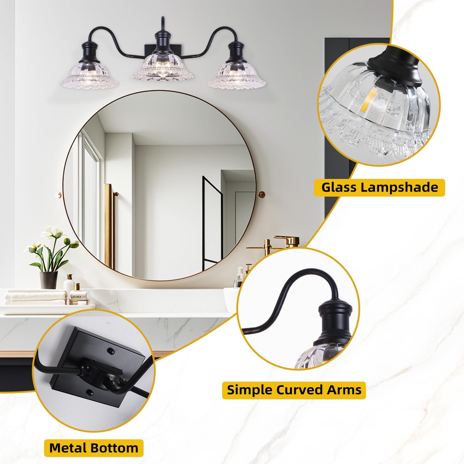 Vintage 3-Light Matte Black Vanity Light with Flower Glass Shade - Image 5