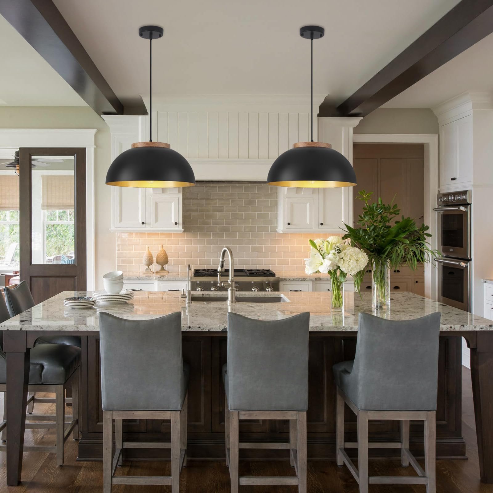 Black Large Farmhouse Pendant Light 16" with Wooden Holder 2-Pack - Image 8