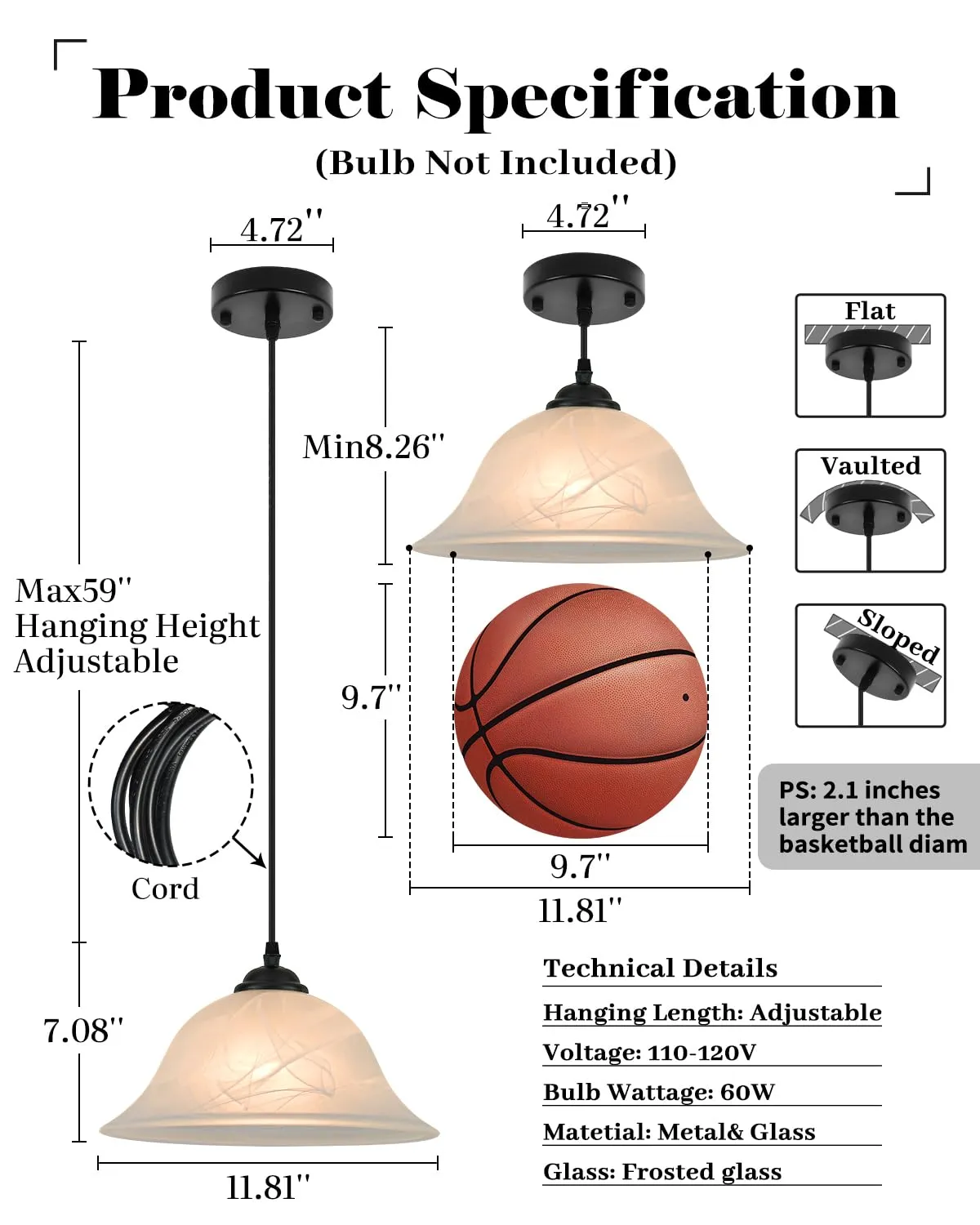Black Farmhouse Alabaster Glass Pendant Light 11.8" - Image 3