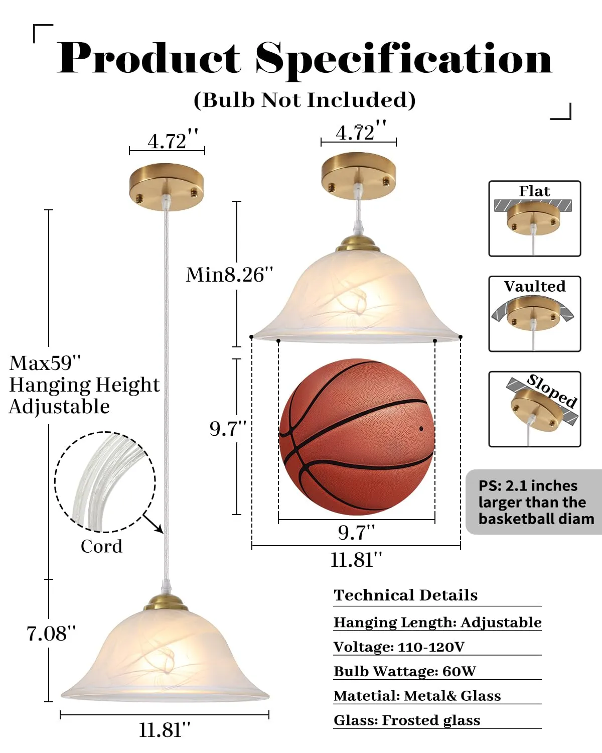 Vintage Gold Frosted Glass Pendant Light 11.8" - Image 2