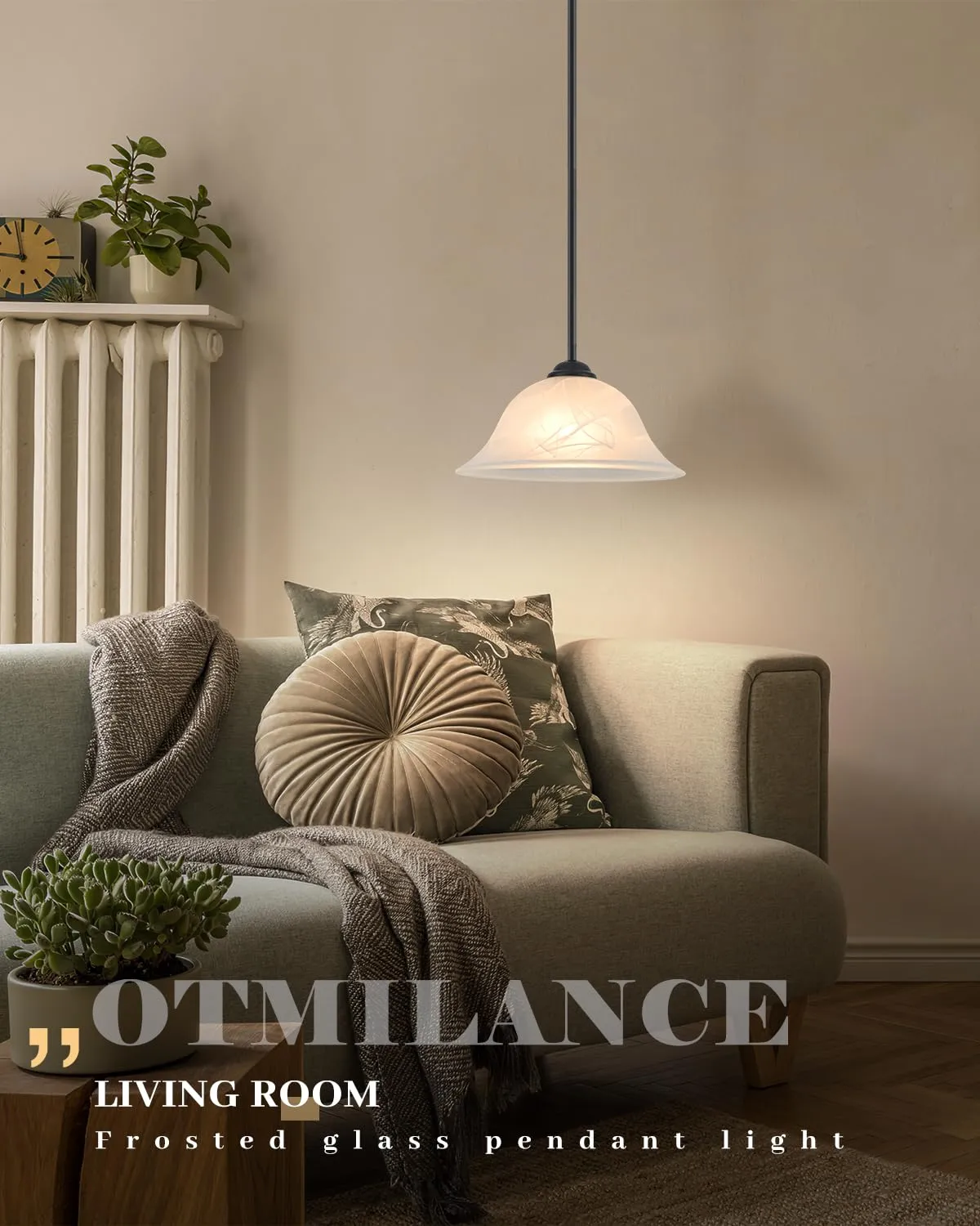 Black Farmhouse Alabaster Glass Pendant Light 11.8" with Rod - Image 6