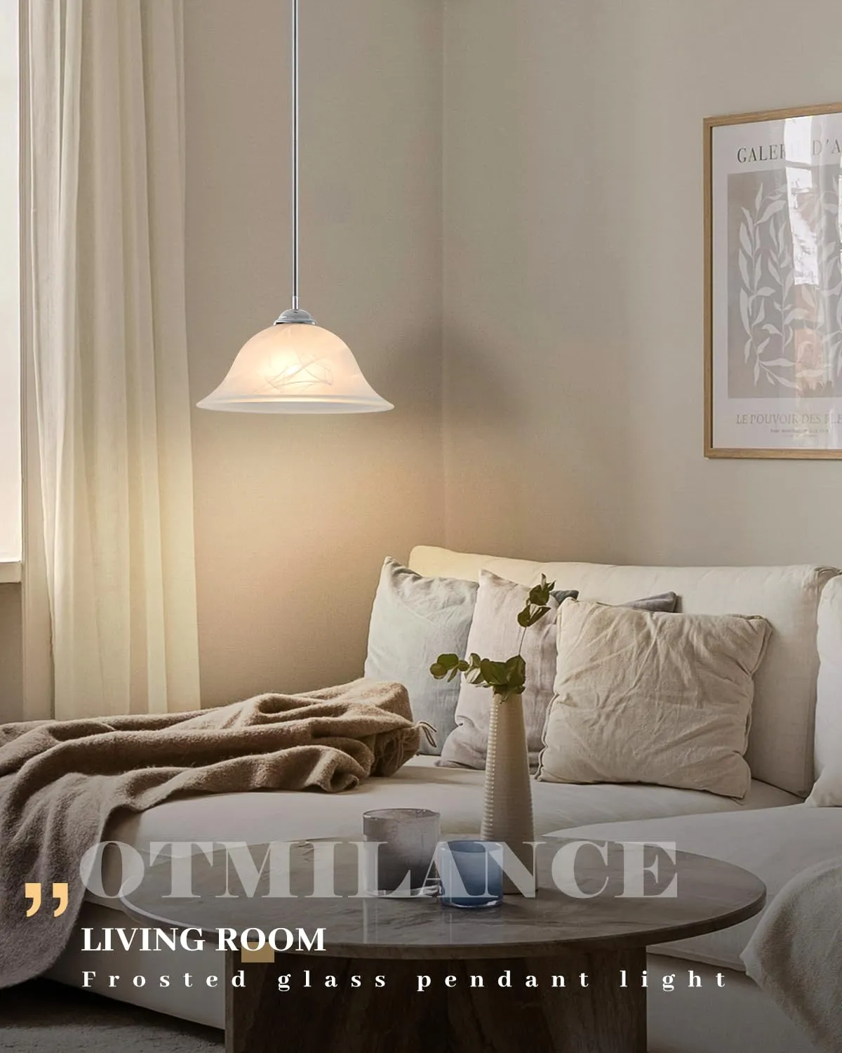 Chrome Farmhouse Frosted Glass Pendant Light 11.8" with Rod 2-Pack - Image 3