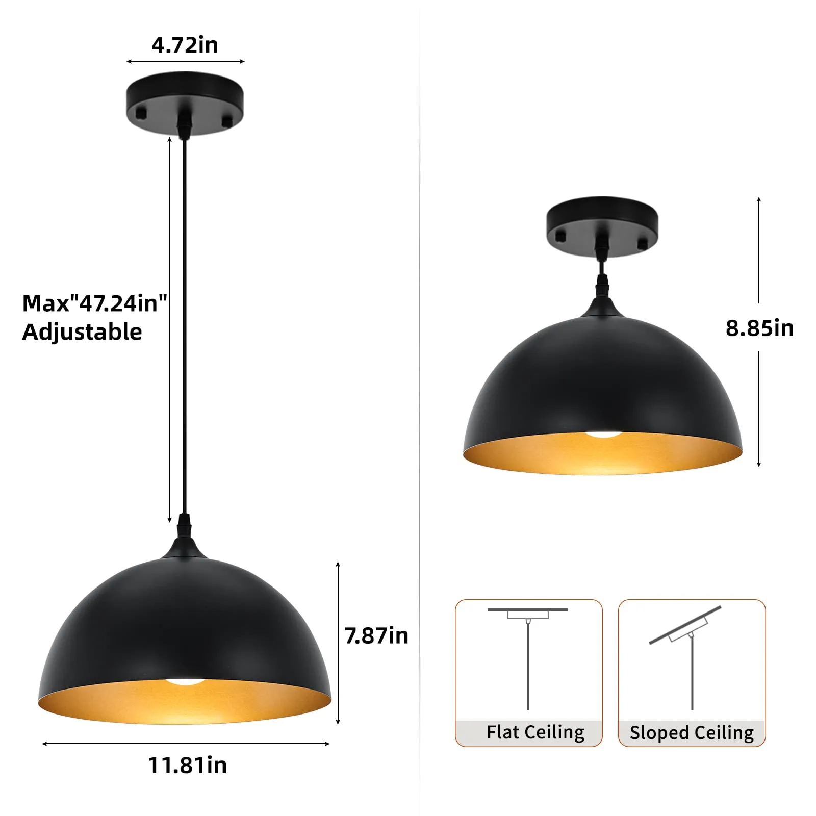 Black and Gold Farmhouse Dome Pendant Light 2-Pack - Image 4