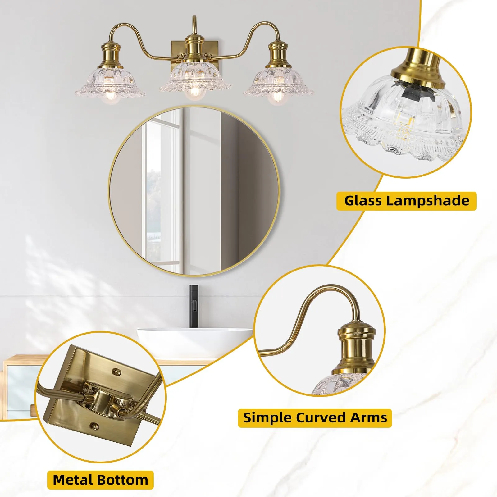 Champagne Gold 3-Light Bathroom Light with Clear Glass Shade - Image 4