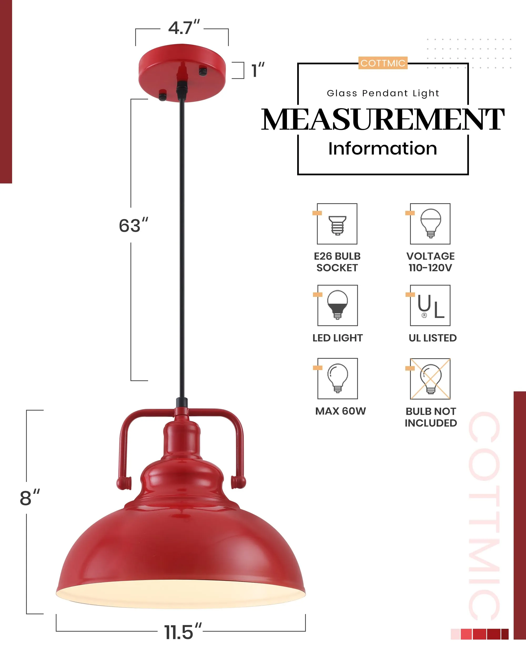 11.4?? ??Red Vintage Farmhouse Pendant Light 2-Pack - Image 6