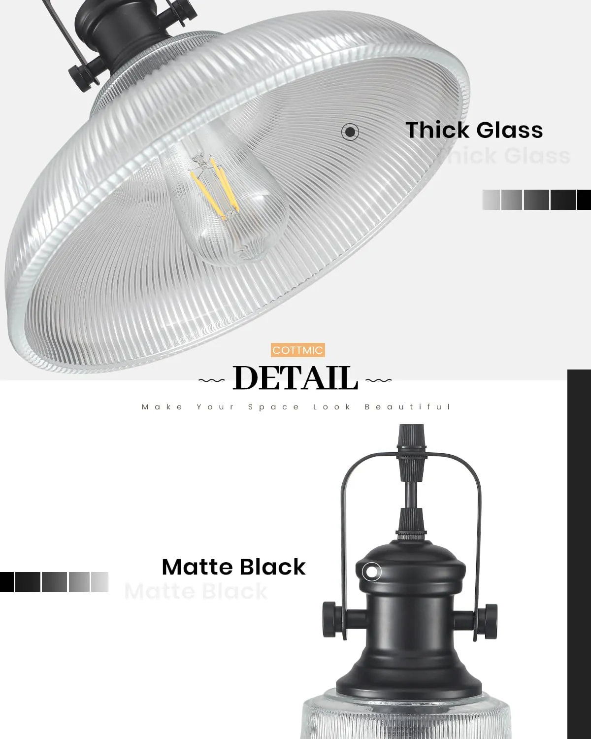 12" Black Ribbed Glass Farmhouse Pendant Light 3-Pack - Image 6