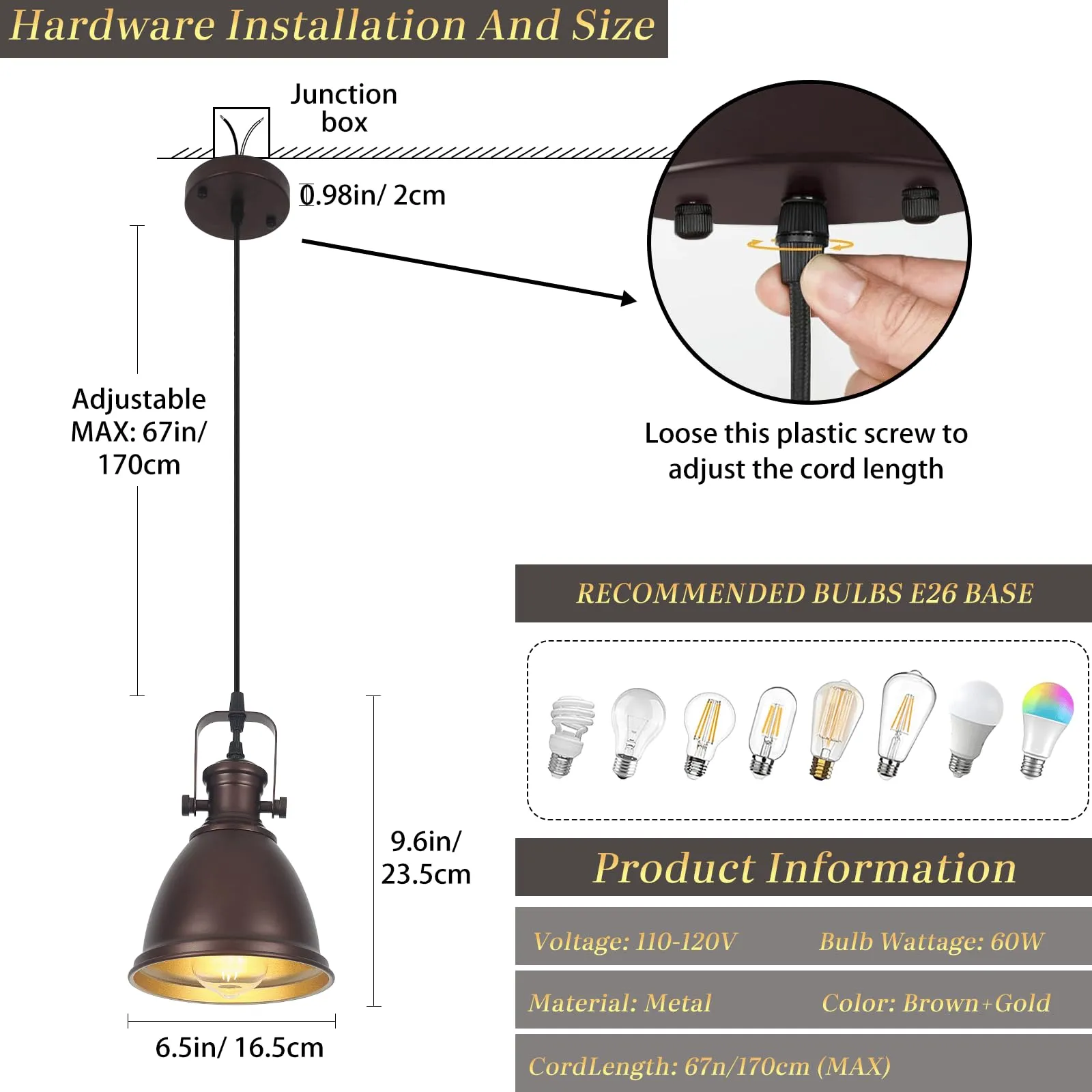 6.5" Brown Vintage Farmhouse Pendant Light 3-Pack - Image 4