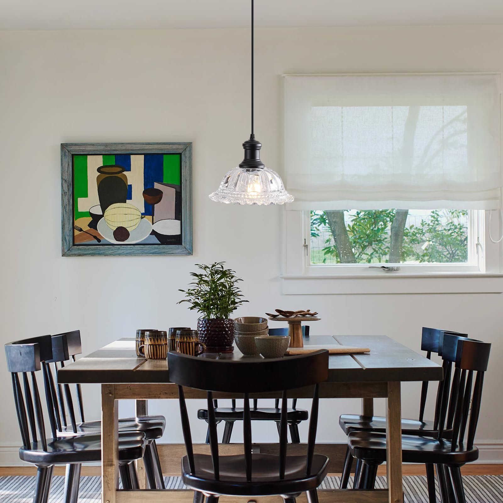 Black Vintage Farmhouse Pendant Light with Flower Glass Shade - Image 6