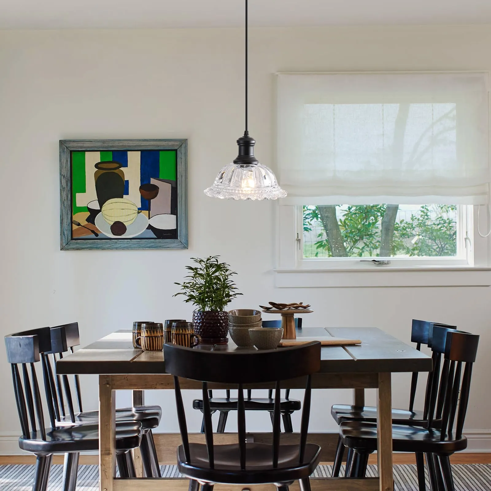 Black Vintage Farmhouse Pendant Light with Flower Glass Shade - Image 6