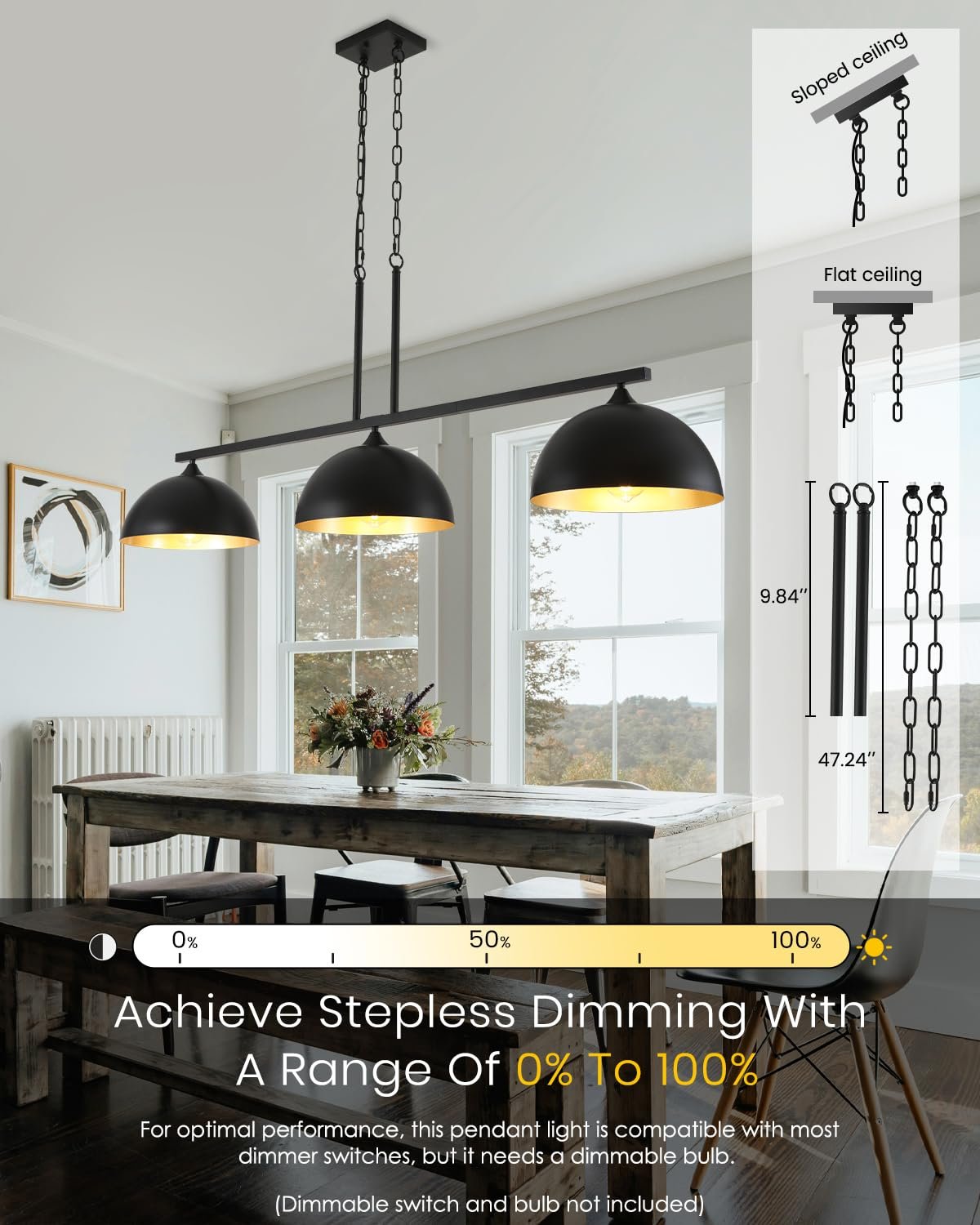 Black Farmhouse Industrial 3-Light Island Pendant Light - Image 8