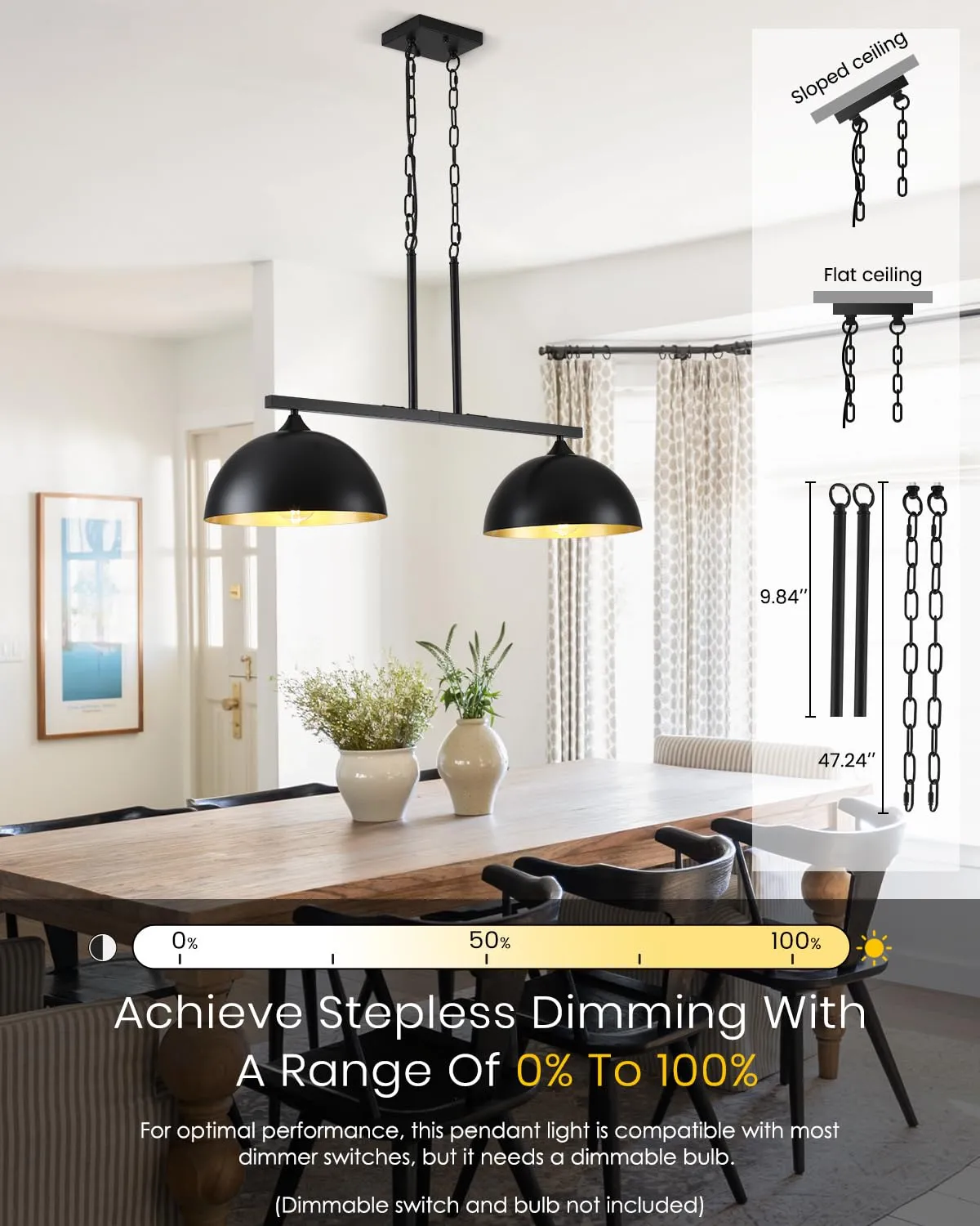 Black Modern 2-Light Dome Island Pendant Light - Image 5
