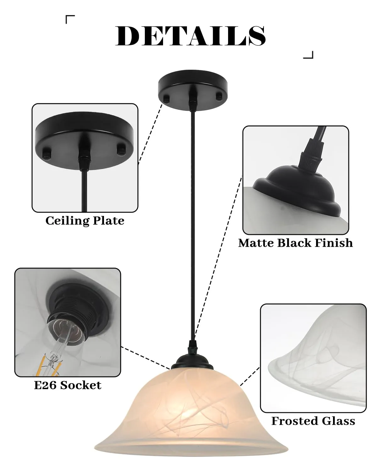 Black Farmhouse Alabaster Glass Pendant Light 11.8" - Image 4