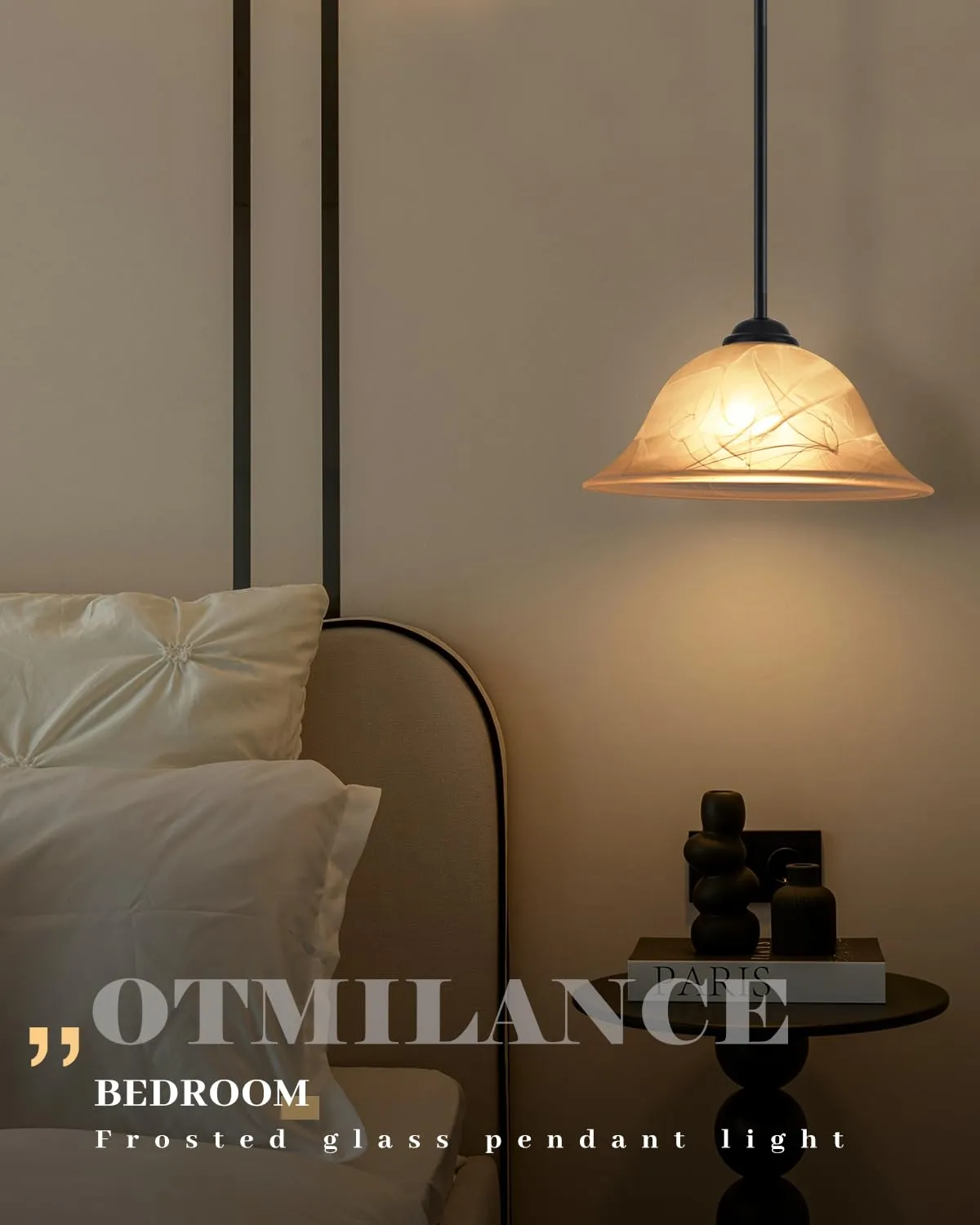 Black Farmhouse Alabaster Glass Pendant Light 11.8" with Rod - Image 5