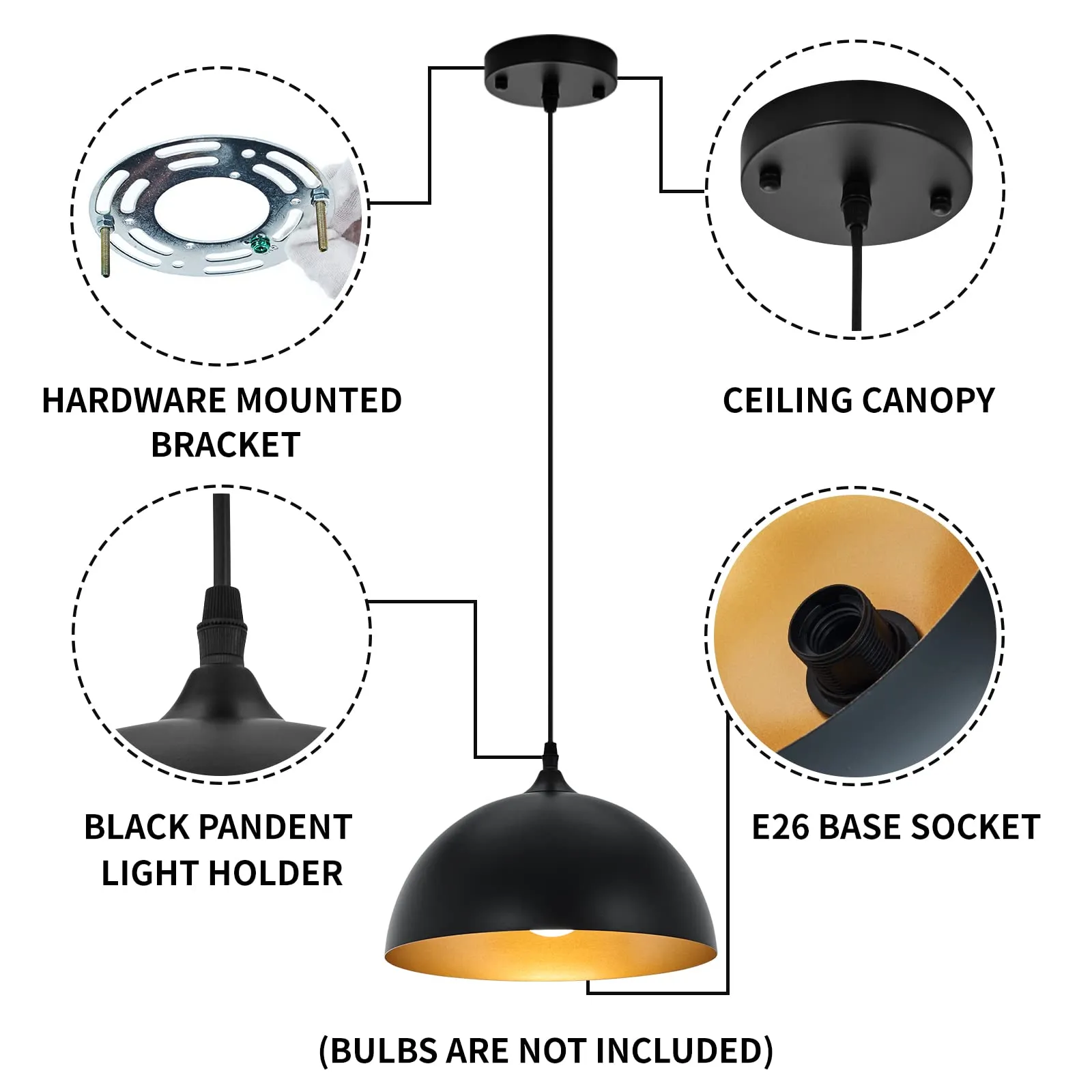 Black and Gold Farmhouse Dome Pendant Light 2-Pack - Image 5