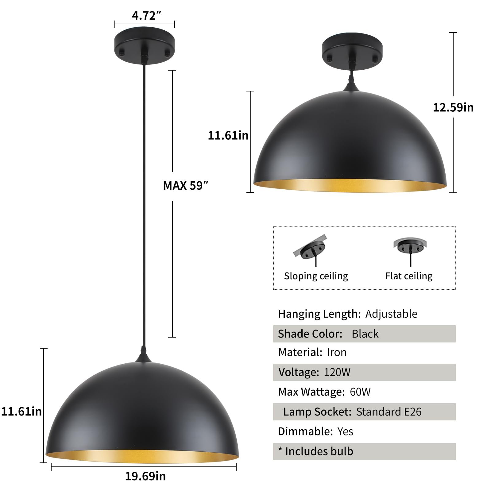 19.7" Black Large Oversized Modern Farmhouse Pendant Light 2-Pack - Image 4